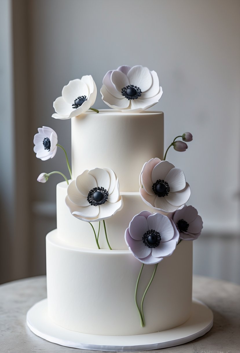 A white fondant wedding cake decorated with delicate sugar anemone flowers in soft pastel colors on a neutral surface.