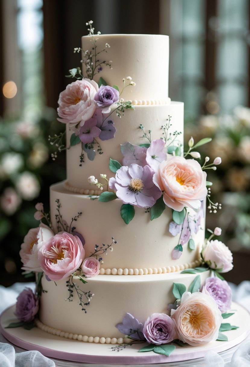 A multi-tiered wedding cake decorated with delicate flowers in soft colors on a blurred background.