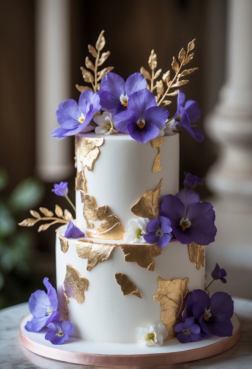 A white wedding cake decorated with gold leaf and purple edible violet flowers on a blurred background.