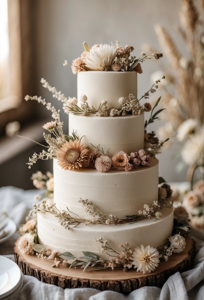A multi-tiered wedding cake decorated with dried flowers arranged in wreaths around each layer.