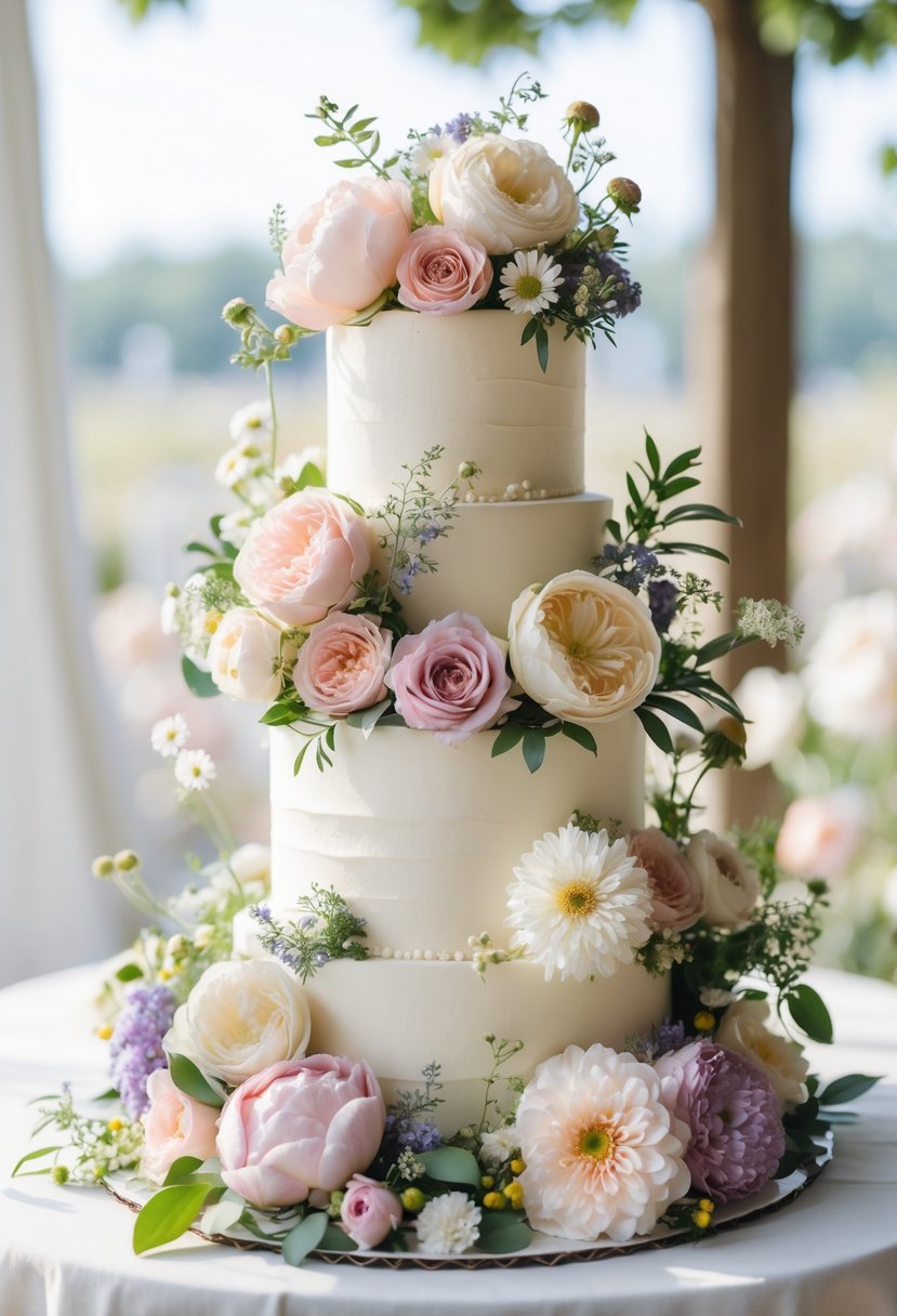 A multi-tiered wedding cake decorated with various fresh seasonal flowers in pastel colors.