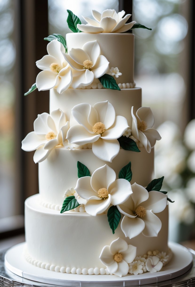 A multi-tiered white wedding cake decorated with gardenia and magnolia flowers.