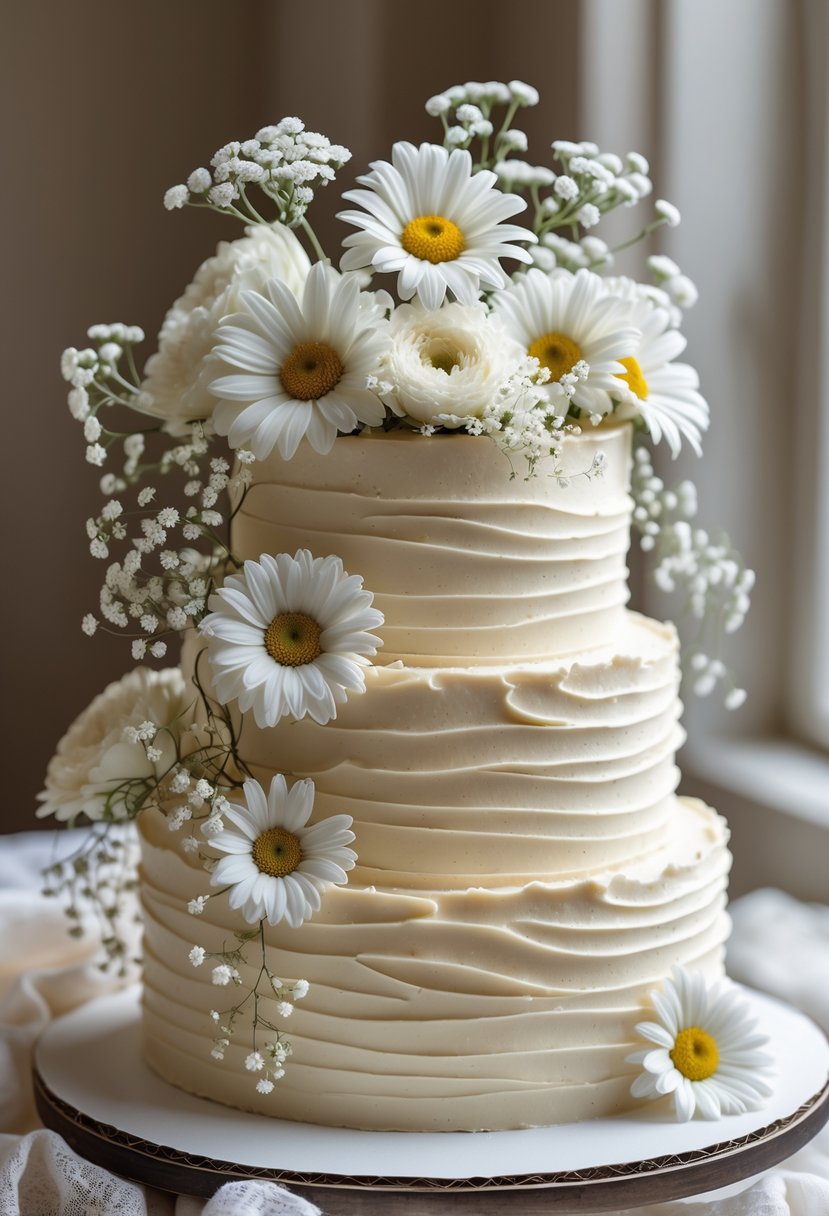 A textured buttercream wedding cake decorated with fresh white daisies and baby's breath flowers.