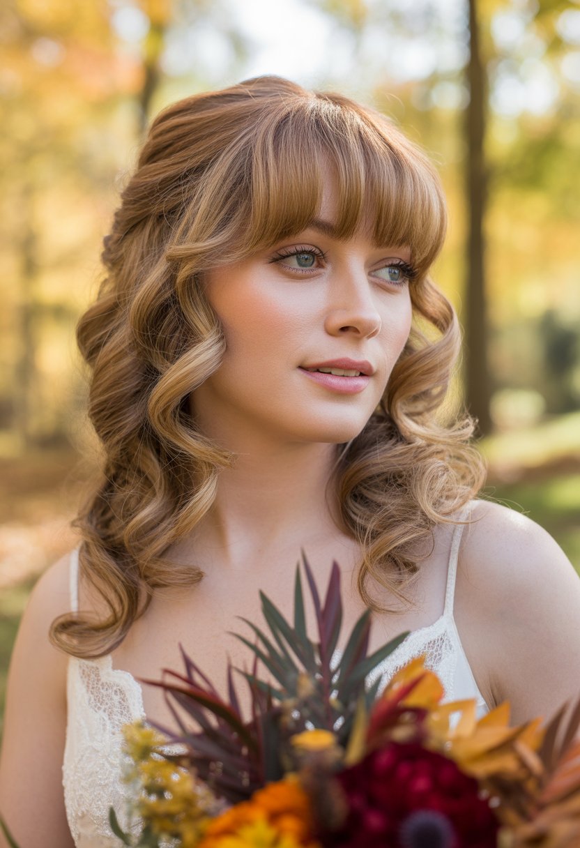 A bride outdoors in autumn, wearing a white wedding dress and holding a bouquet, with loose curls and soft bangs framing her face.