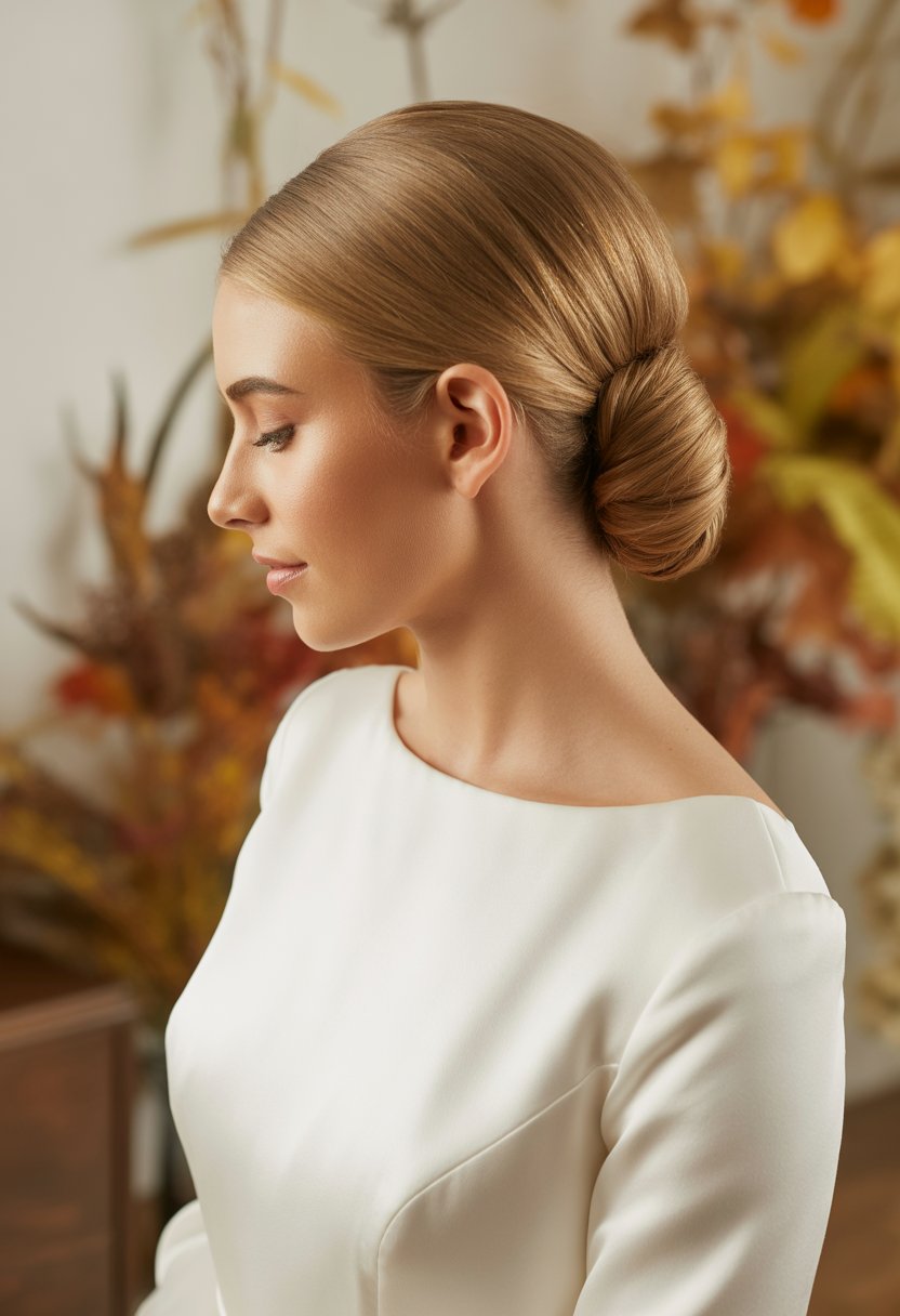 Bride with a sleek chignon hairstyle standing indoors with warm fall colors in the background.