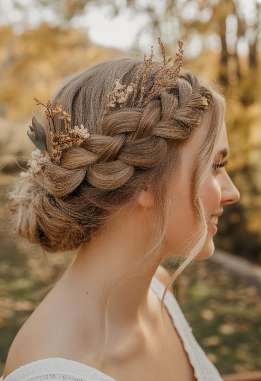 Close-up of a bride with loose romantic braids adorned with small flowers, standing outdoors with fall foliage in the background.
