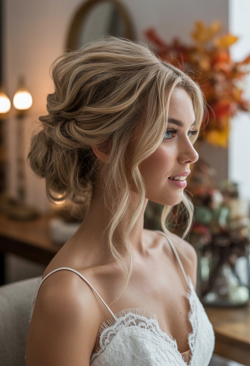 Bride with a messy low updo hairstyle and loose strands framing her face, wearing a wedding dress indoors with warm autumn colors in the background.