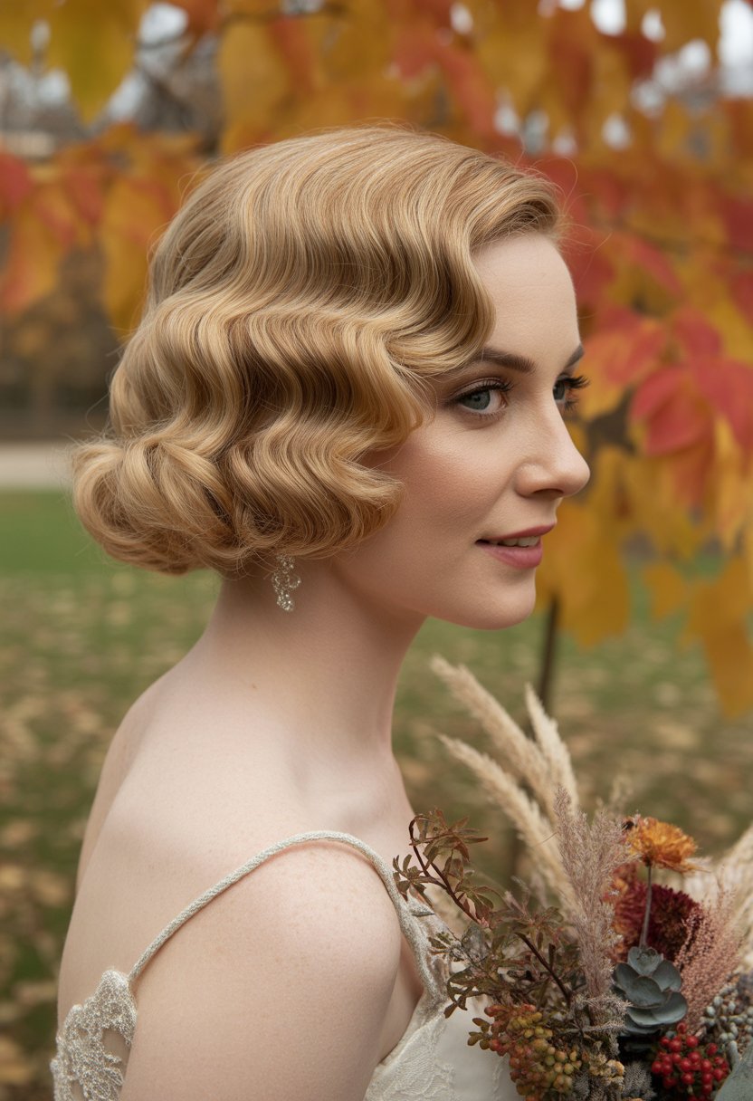 A bride outdoors in autumn holding a bouquet, showing her vintage wavy hairstyle and wearing a wedding dress.