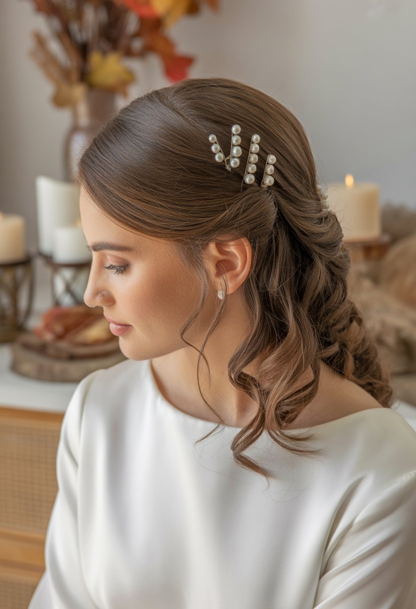 A bride with a half-up half-down hairstyle decorated with pearl pins, smiling softly in a warm indoor setting with autumn decorations.