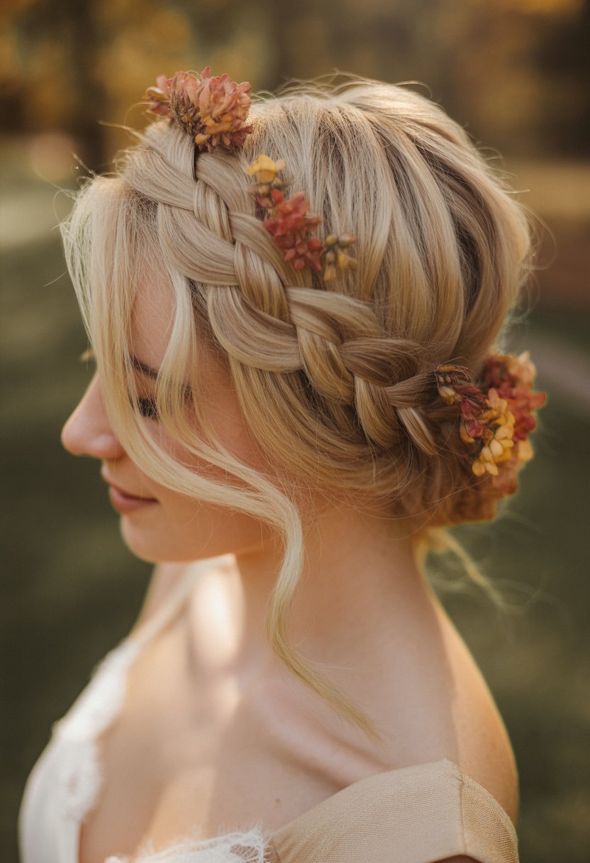 Bride with a braided crown hairstyle decorated with small autumn flowers.