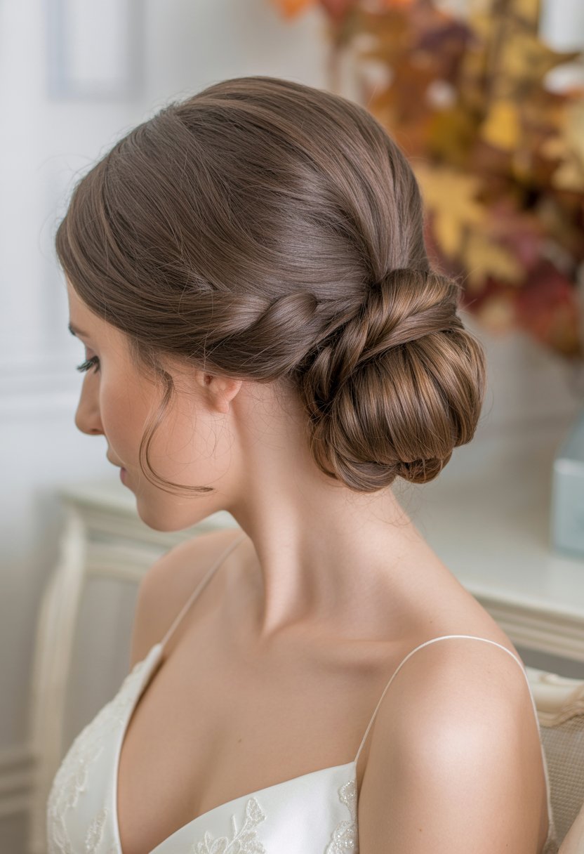 Bride with a low bun hairstyle featuring twisted side details, wearing a white wedding dress in a softly lit setting.