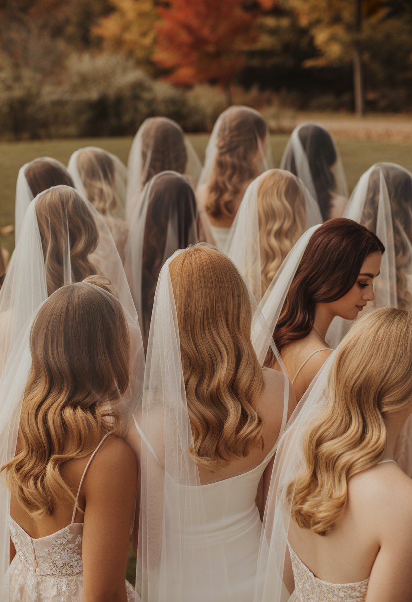 A group of brides with soft wavy hairstyles wearing delicate veils in an outdoor fall setting with autumn leaves.