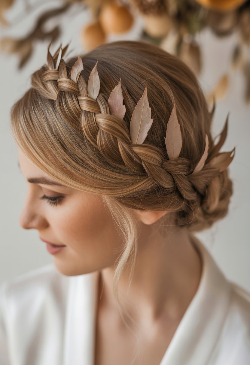 Close-up of a bride with a braided halo hairstyle decorated with small leaf accessories.