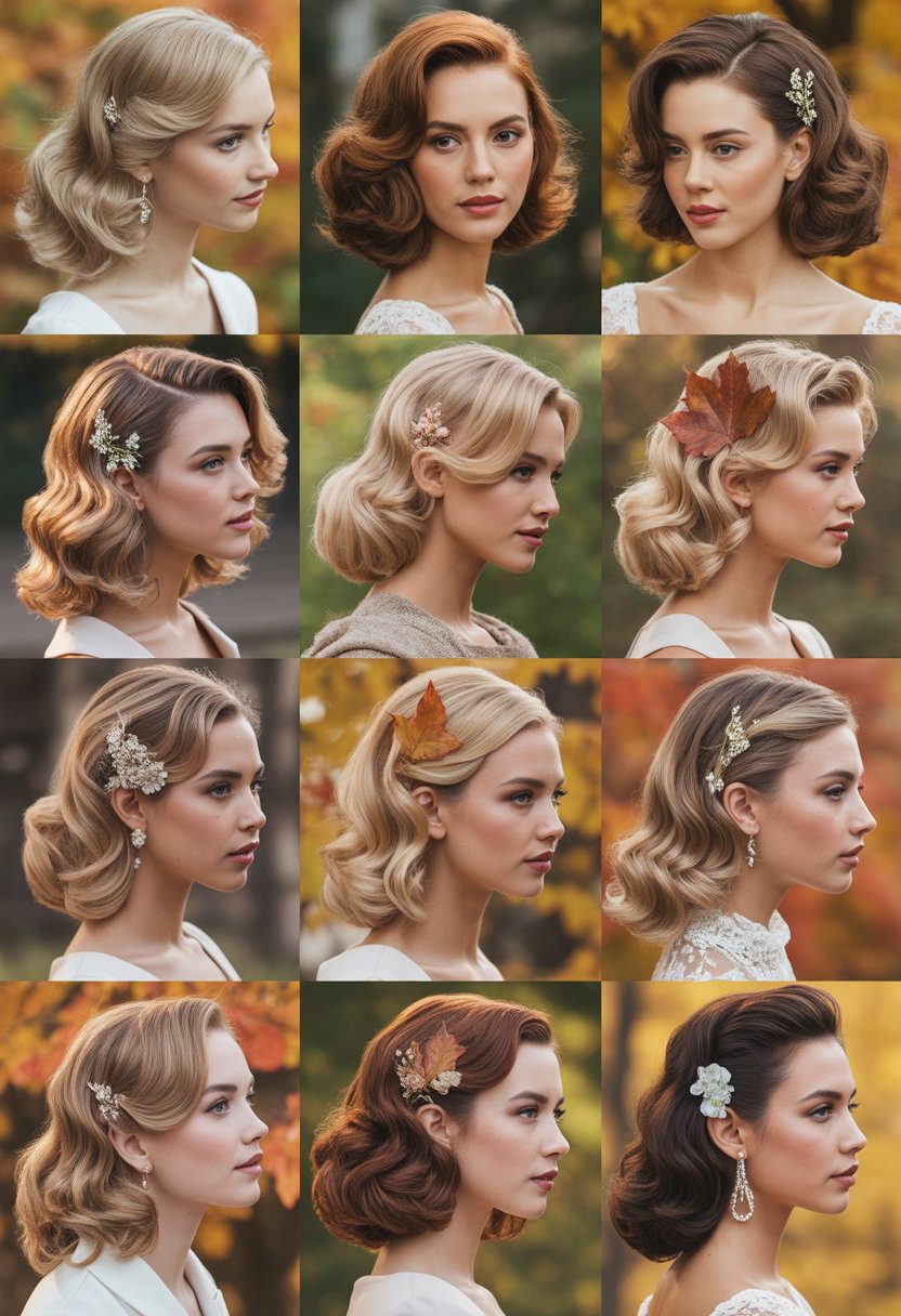 A collage showing 15 different bridal hairstyles featuring soft waves and decorative accents, set against a warm autumn background.