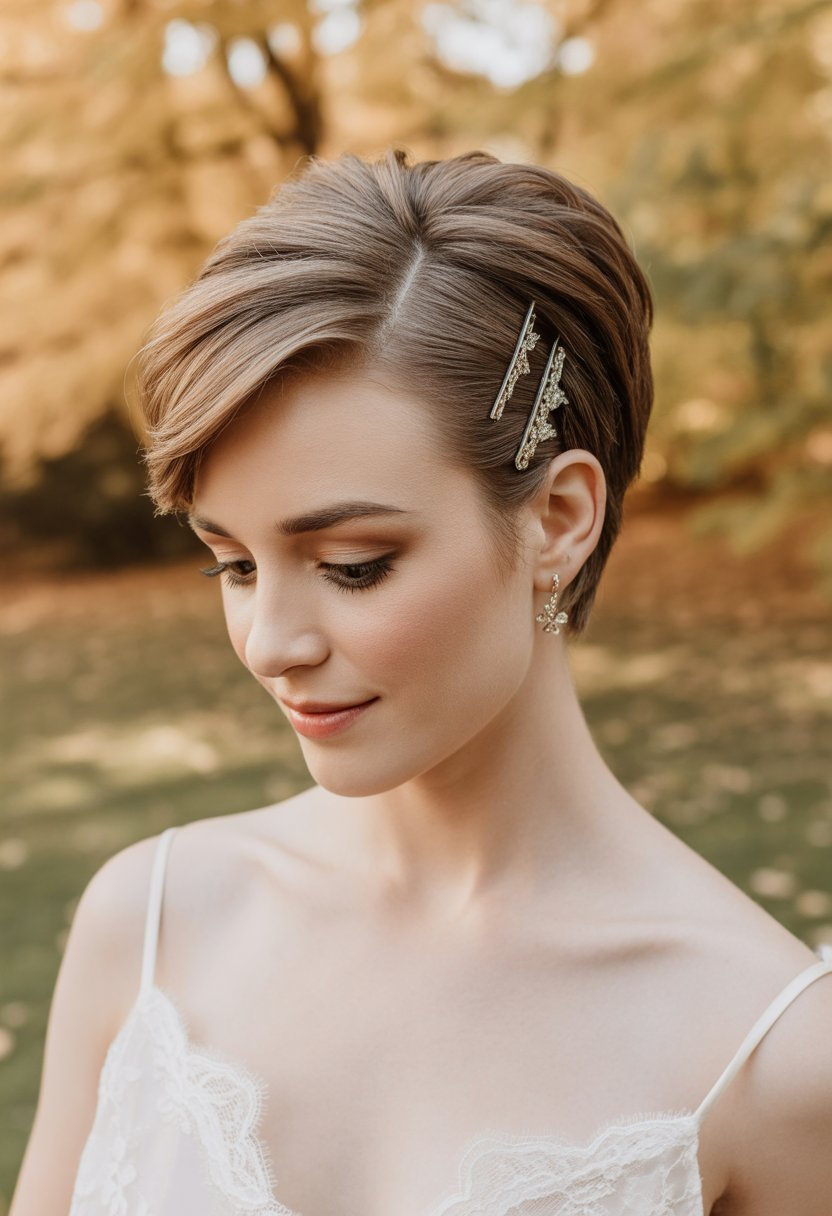 Close-up of a bride with short hair decorated with hairpins, wearing a white dress outdoors surrounded by autumn leaves.