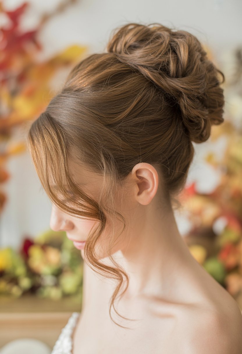 Close-up of a bride with a messy bun and loose curls, wearing a wedding dress, against a soft autumn background.