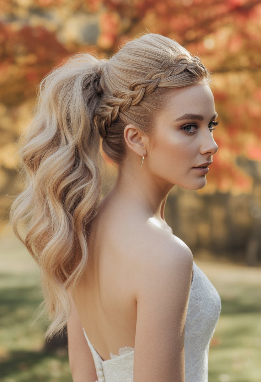 Bride outdoors with a high ponytail hairstyle featuring volume and braids, surrounded by autumn leaves.