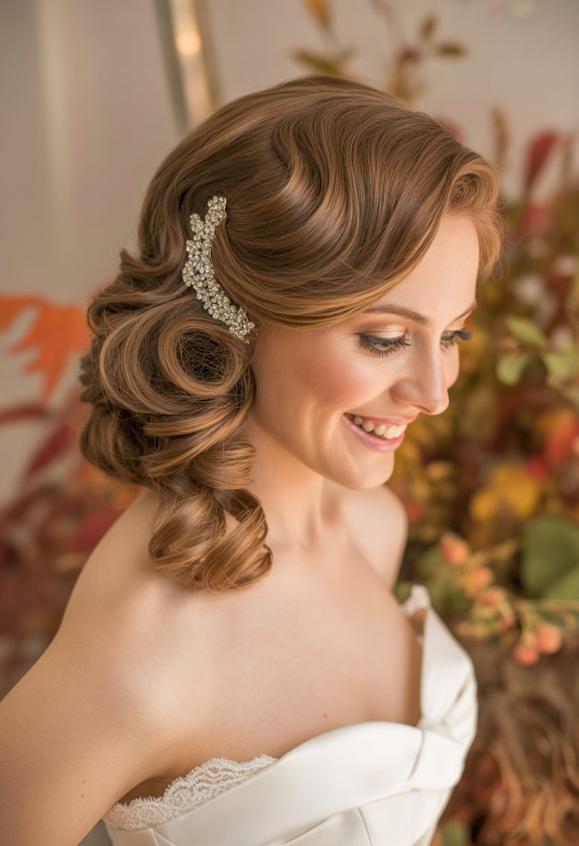 Bride with side-swept curly hair decorated with rhinestone clips, standing outdoors with autumn leaves in the background.