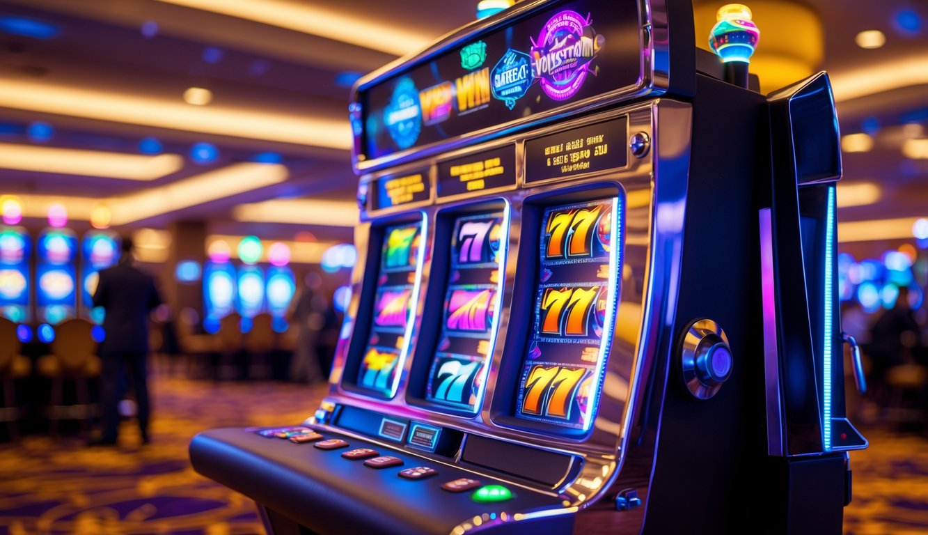 Mesin slot modern yang menyala di dalam kasino dengan latar belakang orang-orang yang sedang bermain dan suasana yang ramai.