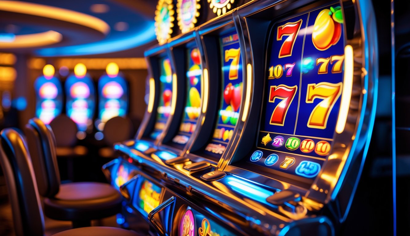 Mesin slot modern yang menyala dengan simbol berwarna-warni di dalam kasino.