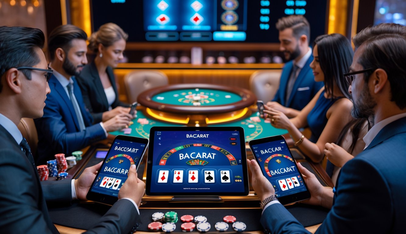 Beberapa orang bermain baccarat online menggunakan perangkat digital di meja permainan modern dengan kartu dan chip di layar.