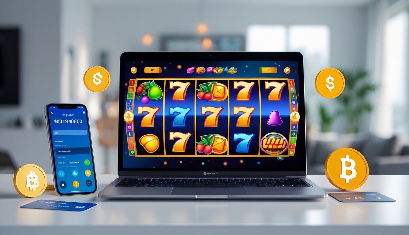 Sebuah laptop menampilkan permainan slot online dengan layar berwarna-warni di atas meja kerja modern, dikelilingi oleh ponsel dan kartu kredit yang menunjukkan transaksi pembayaran digital.