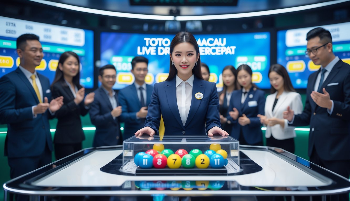 Seorang pembawa acara dan teknisi sedang menjalankan undian lotere dengan mesin bola bernomor di studio modern.