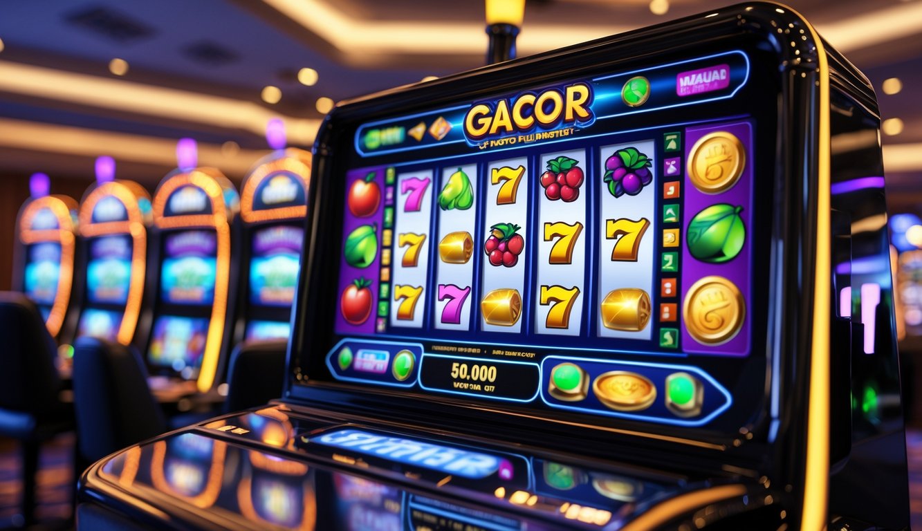 Tampilan layar mesin slot digital yang penuh warna dengan simbol buah, koin emas, dan permata di latar kasino yang terang.