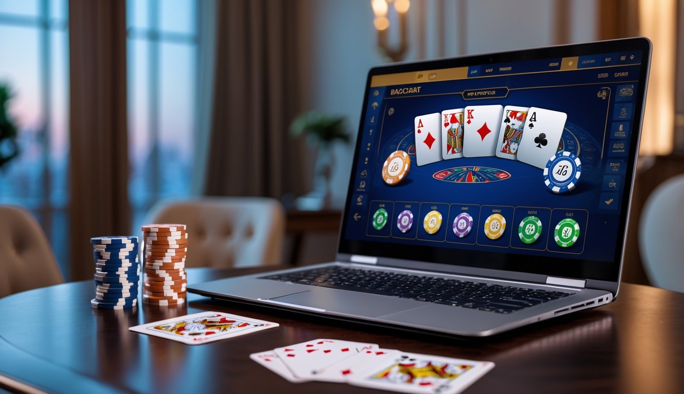 Sebuah laptop menampilkan permainan baccarat online dengan kartu dan chip kasino di atas meja kayu yang rapi.