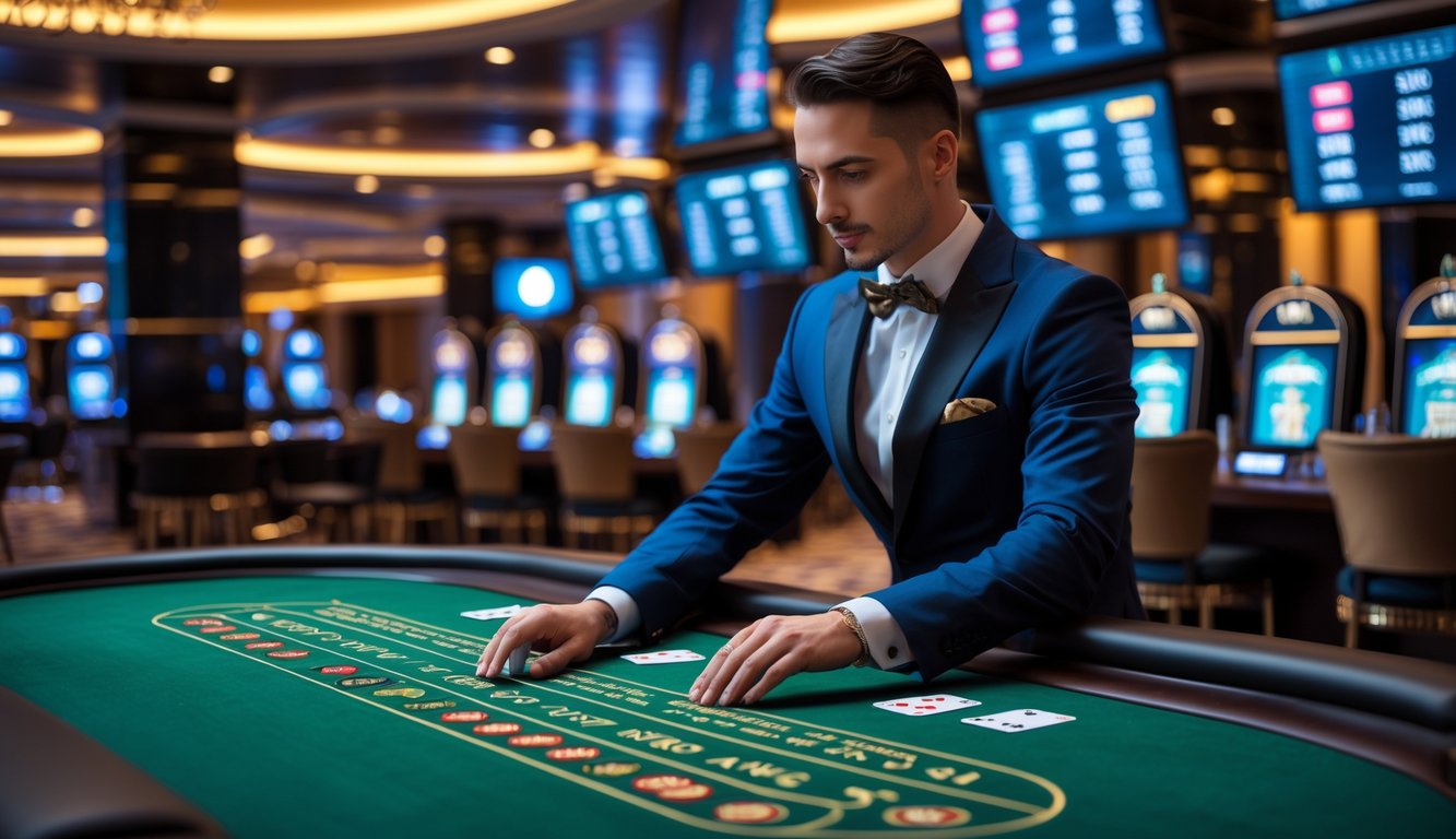 Seorang dealer yang rapi sedang membagikan kartu di meja baccarat hijau dengan layar digital di latar belakang dalam suasana kasino online yang modern.