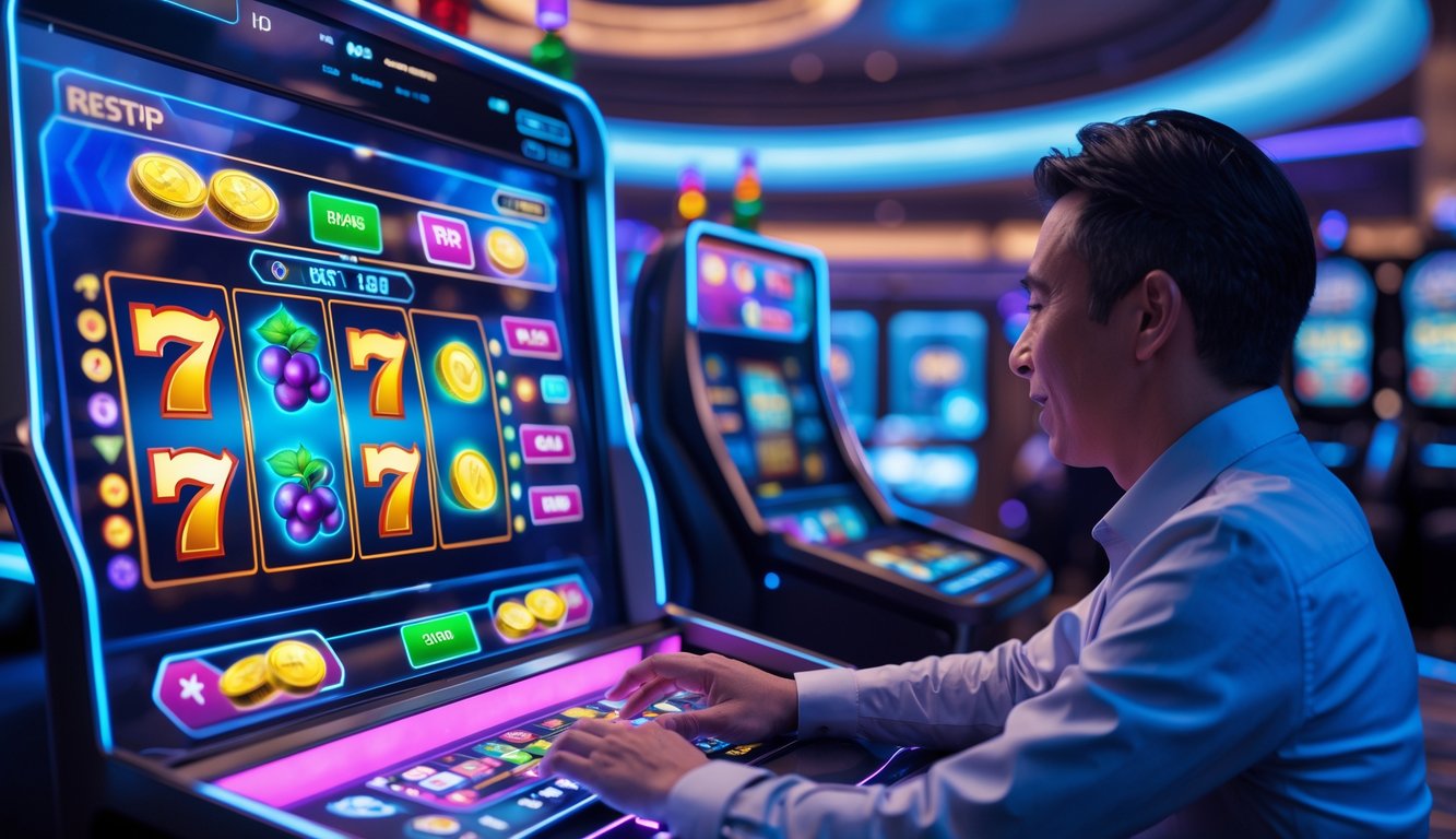 Seorang pemain dewasa sedang menggunakan mesin slot digital dengan latar belakang grafik data dan cahaya neon biru dan ungu.