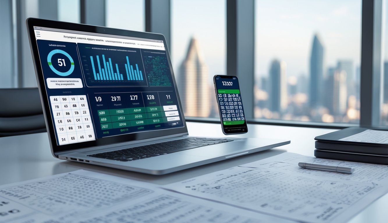 Meja kerja modern dengan laptop, ponsel, dan kertas berisi data angka untuk prediksi togel, dengan latar belakang pemandangan kota.