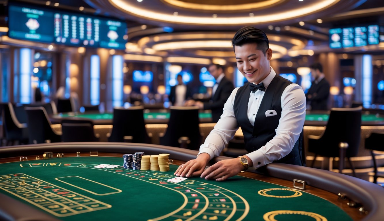 Meja baccarat mewah dengan dealer yang sedang membagikan kartu di kasino modern dengan beberapa pemain yang memperhatikan permainan.