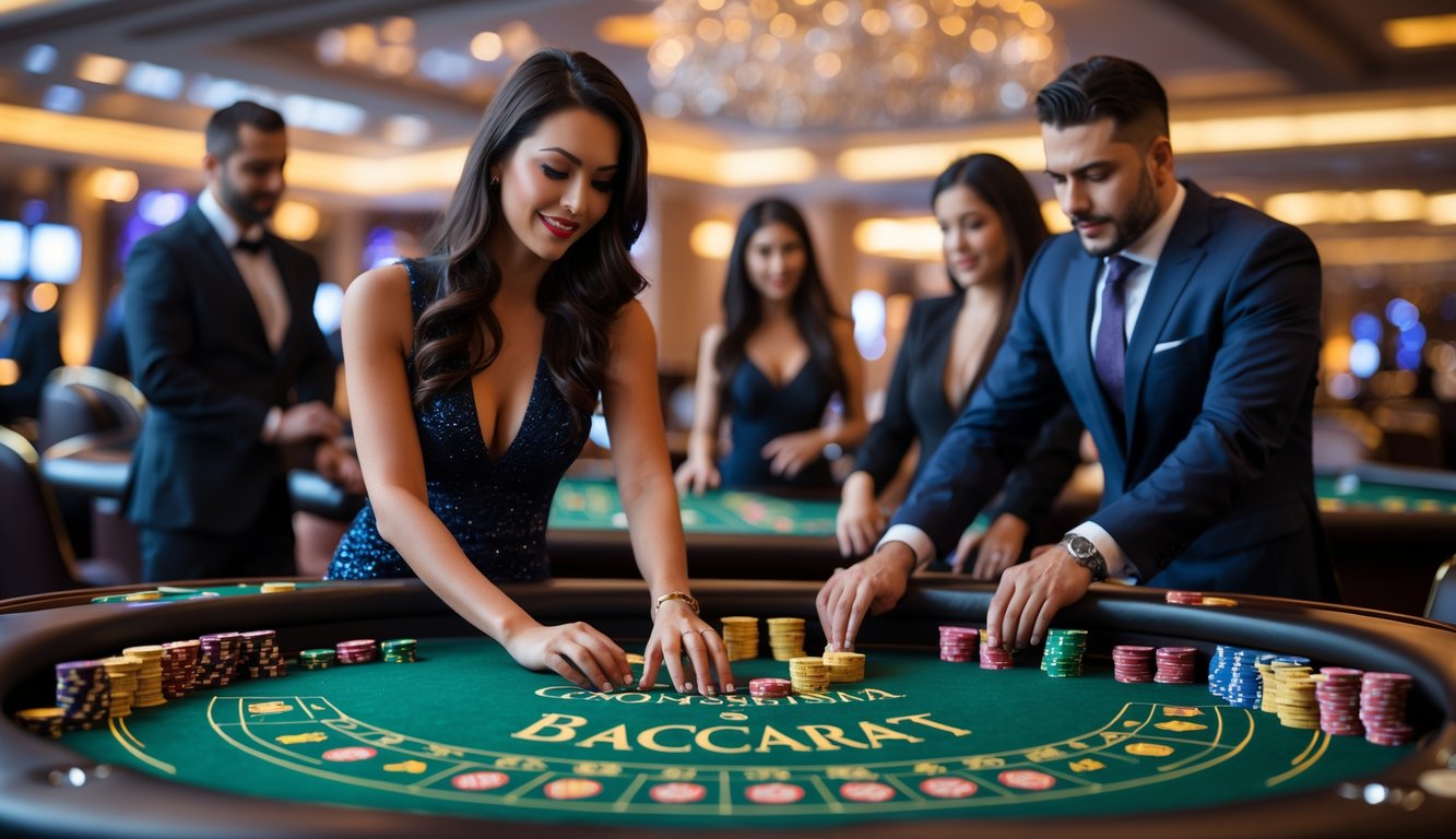 Seorang wanita berpakaian rapi sedang bermain baccarat di meja kasino dengan dealer dan pemain lain di sekitarnya.