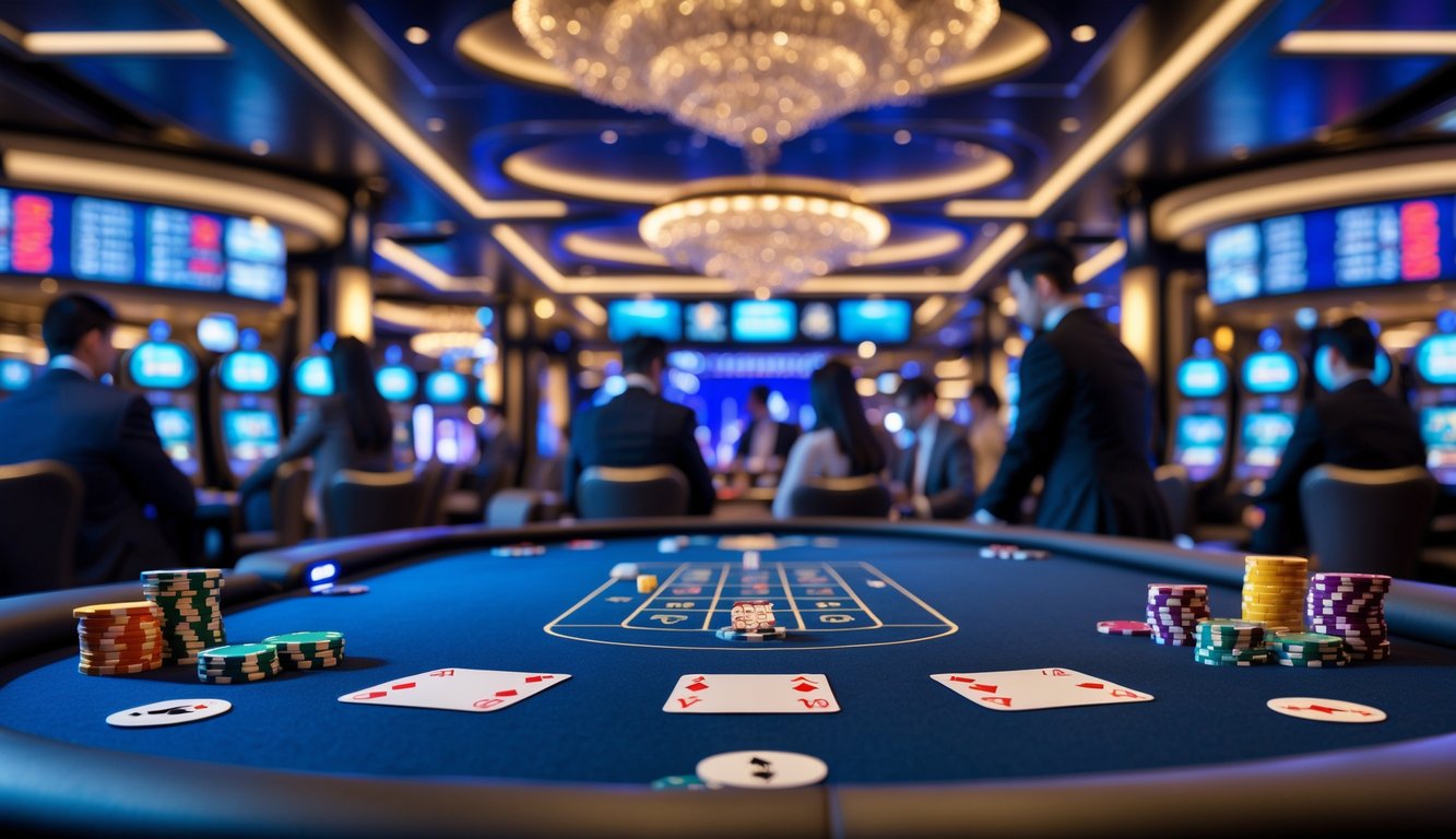 Suasana kasino mewah dengan meja permainan, chip poker, dan pemain yang sedang bermain.