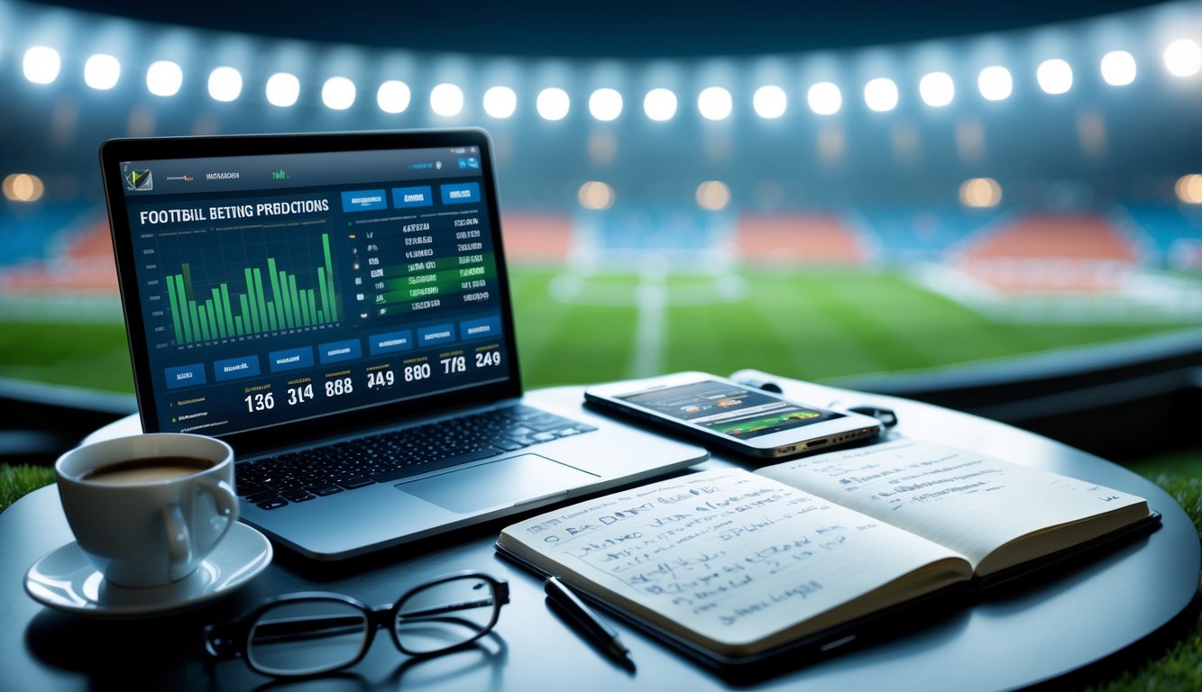 Meja kerja dengan laptop, smartphone, dan catatan yang menunjukkan data dan statistik sepak bola, dengan latar belakang stadion sepak bola yang samar.