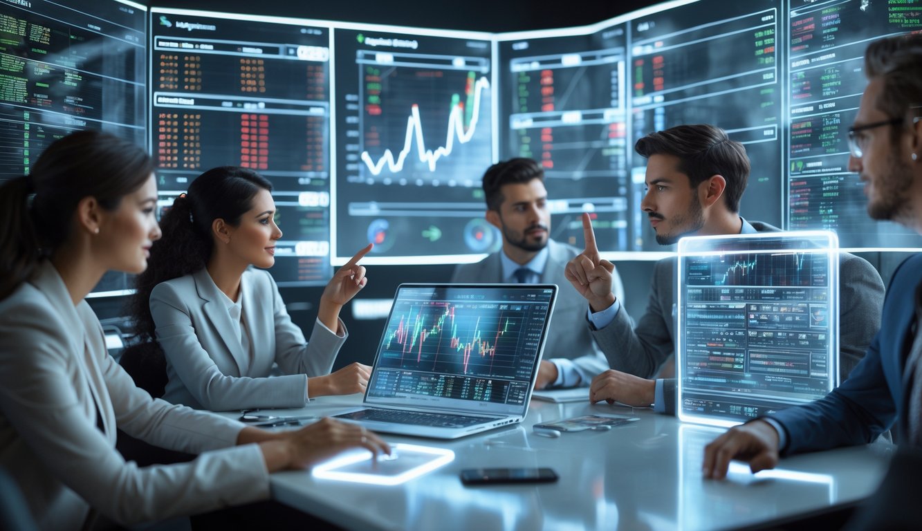 Sekelompok profesional muda sedang menganalisis data taruhan parlay di ruang kerja modern dengan layar digital transparan dan grafik teknologi di latar belakang.