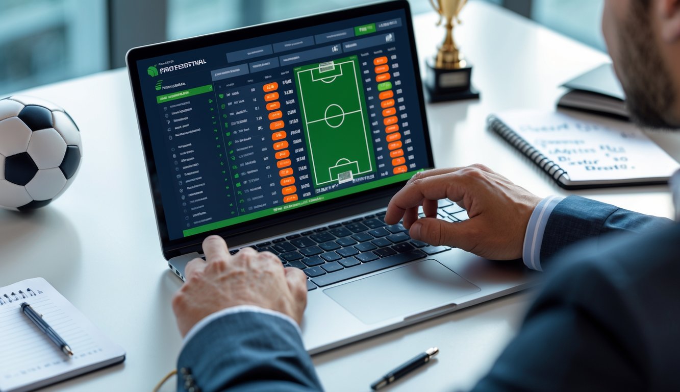 Seseorang menggunakan laptop dengan tampilan taruhan bola online di meja kerja yang rapi.