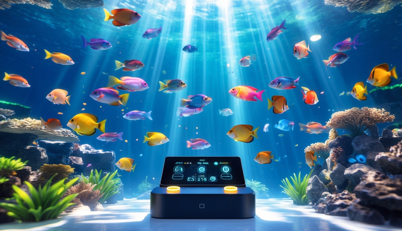 Pemandangan bawah laut dengan ikan tropis berwarna-warni dan perangkat permainan modern yang menampilkan suasana permainan menembak ikan yang menyenangkan.