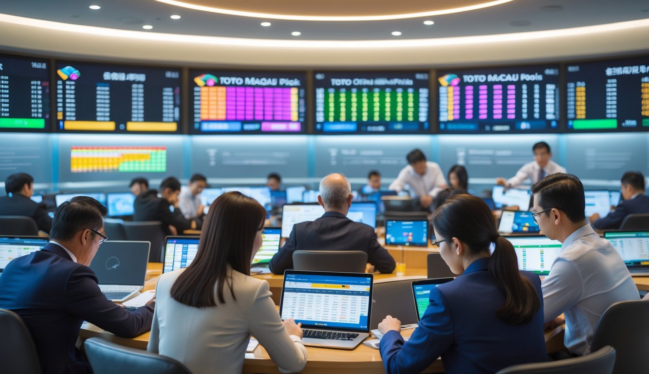 Orang-orang sedang menganalisis data taruhan Toto Macau di ruang kerja modern dengan layar digital dan perangkat elektronik.