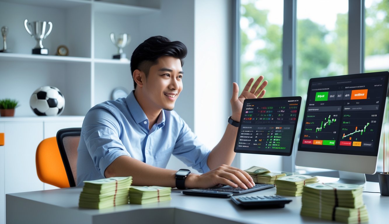 Seorang pria muda duduk di meja dengan beberapa layar digital yang menampilkan statistik pertandingan sepak bola dan peluang taruhan, menggunakan laptop dan ponsel dengan tumpukan uang kecil di meja.