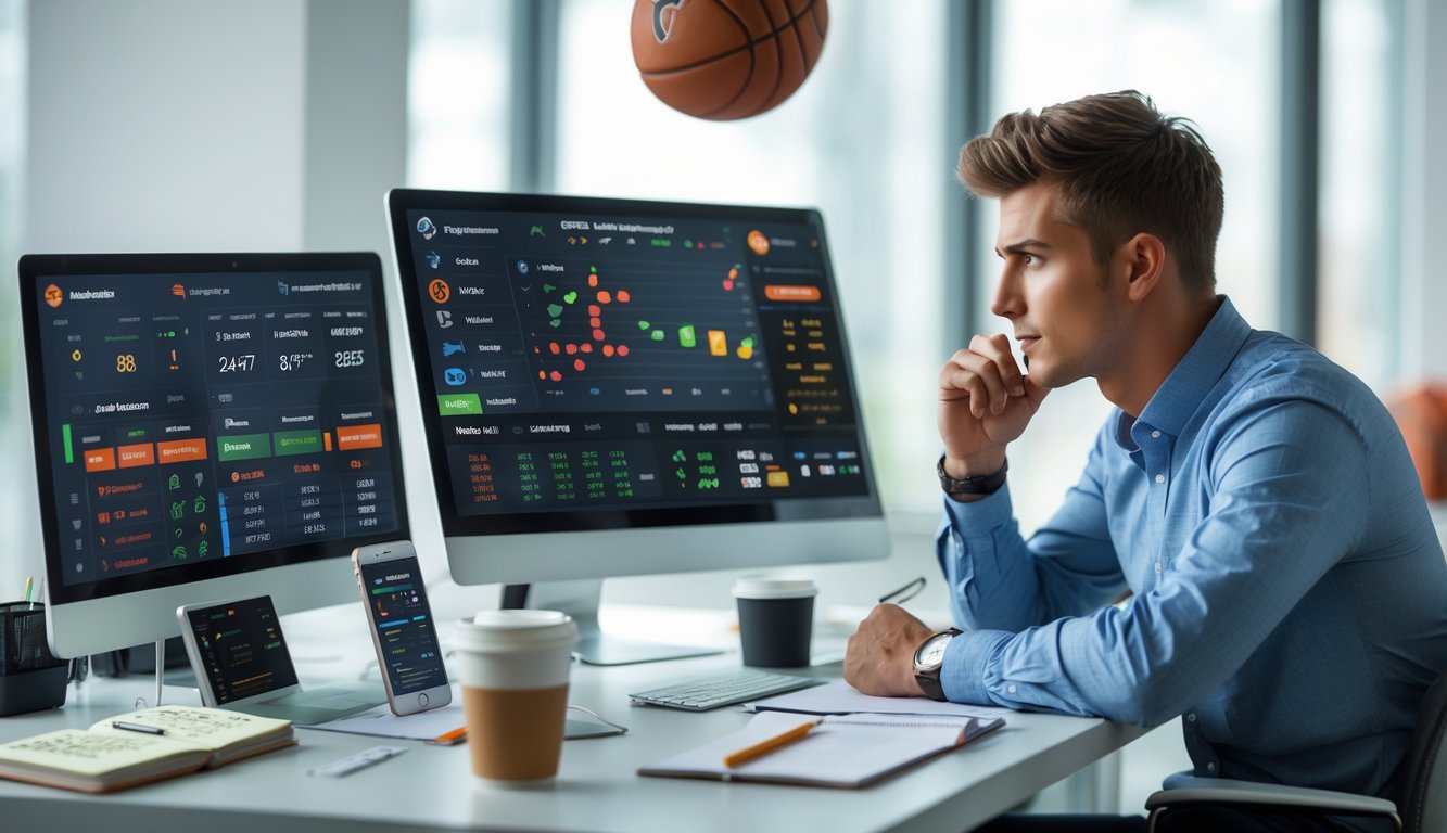 Seorang pria muda duduk di meja modern dengan beberapa perangkat digital menampilkan data taruhan olahraga, sedang menganalisis informasi dengan serius di ruang kantor yang terang.