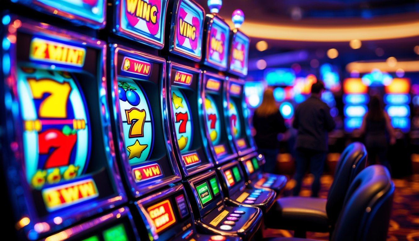 Mesin slot modern dengan simbol kemenangan berwarna-warni dan lampu LED yang menyala di dalam kasino yang ramai.