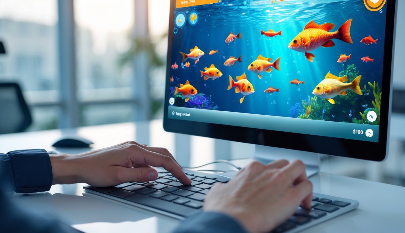 Tampilan layar perangkat dengan permainan menembak ikan online uang asli, menunjukkan ikan berwarna-warni di bawah air dan tangan pengguna yang sedang berinteraksi dengan perangkat.