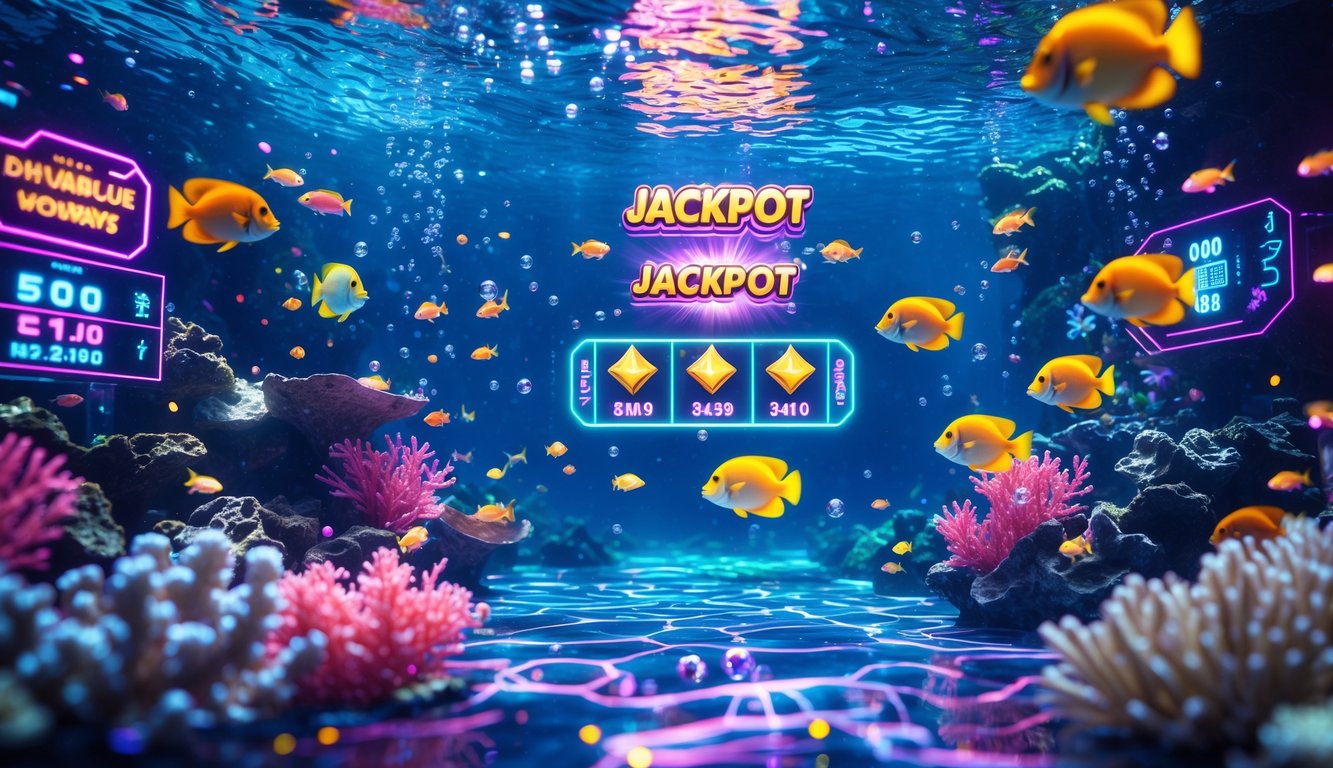 Pemandangan bawah laut dengan berbagai ikan warna-warni dan elemen permainan tembak ikan yang menampilkan suasana jackpot terbesar.