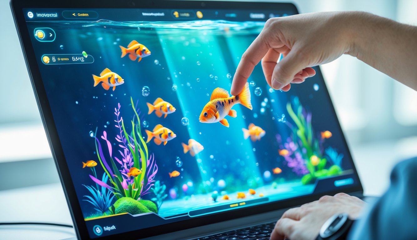 Seseorang sedang bermain game tembak ikan di layar perangkat digital dengan latar belakang grafis ikan berwarna-warni di bawah air.