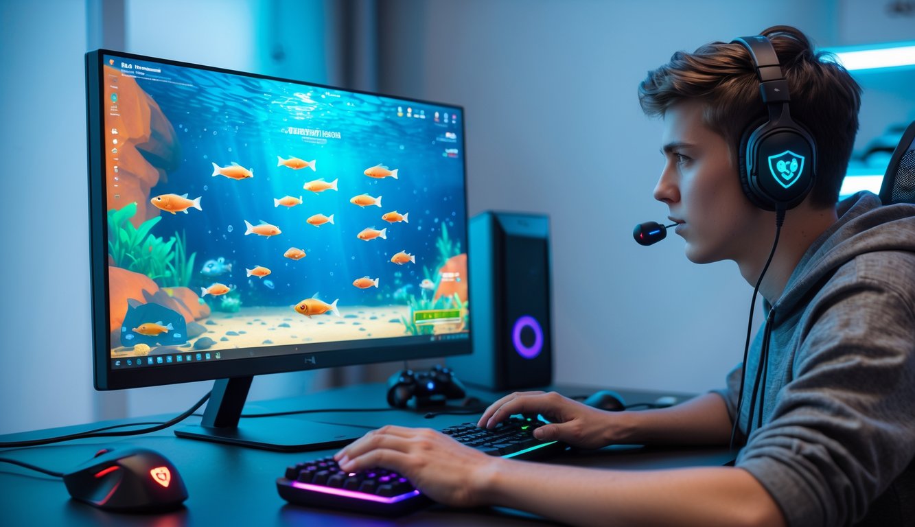 Seorang gamer muda sedang bermain permainan tembak ikan online di komputer dengan latar ruangan yang terang dan dekorasi gaming.