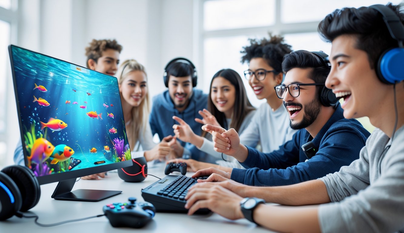 Sekelompok orang muda bermain game menembak ikan di depan layar komputer di ruangan yang terang.