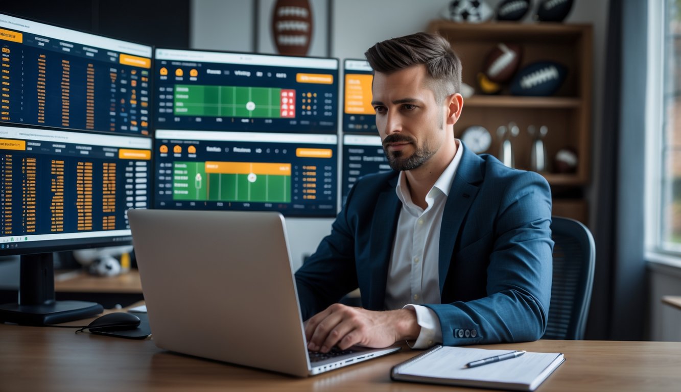 Seorang pria duduk di meja dengan beberapa layar yang menampilkan statistik pertandingan sepak bola dan peluang taruhan, sedang menganalisis data dengan serius di ruang kerja yang nyaman.