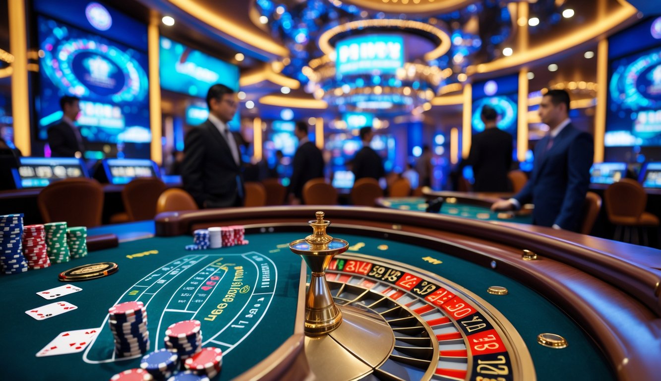 Suasana kasino mewah dengan meja permainan, chip poker, kartu, dan roda roulette di Macau.